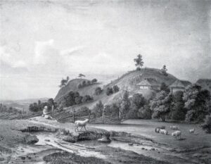 Kalevipoja magamisase emakese maa rinnal. Kalevipoja säng Alatskivil. Fr. Schlateri akvarell, 1835.