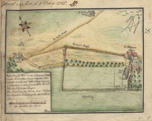 Maa-ala Viljandi ja Pärnu maantee hargnemise piirkonnas. Paremal tallinlasele Gottlieb Pfütznerile kuulunud majapidamine (Hofgen), mille juures asus ka meierei (Holländerey). Teadaolevalt varajasim dokumen­teeritud teade meierei kohta Eesti alal.