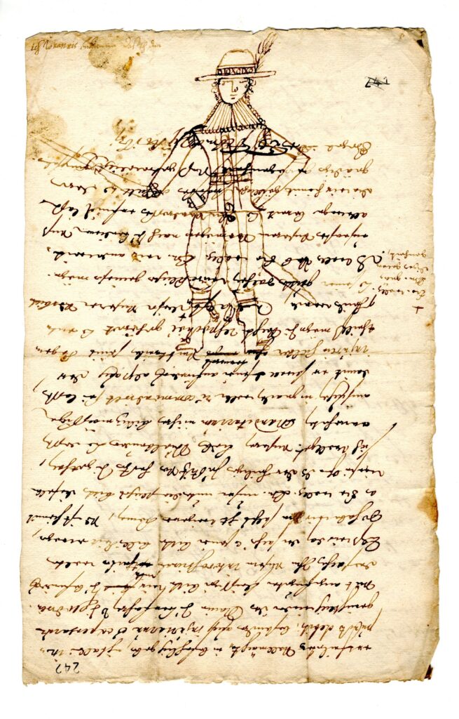 Ajastuomases riietuses mehe kujutis Tallinna rae arhiivis säilinud kirja mustandilt.  20. veebruariga 1631 dateeritud kiri käsitleb Tallinna raehärra Matthias Pfoorteni ja (arvatavalt) tartlase Johan Staine (Steini?) vahelist kohtuasja võlgade ja solvangute pärast. 