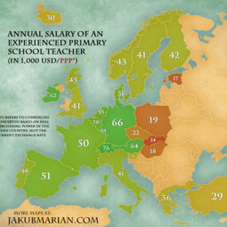 Kaardil on võrreldud  õpetajate palku, arvestades ostujõu pariteetsust, st kui palju saab osta õpetaja  palga eest antud riigis, võrreldes tuhandedollarise palgaga USA-s. kaart: jakubmarian.com 