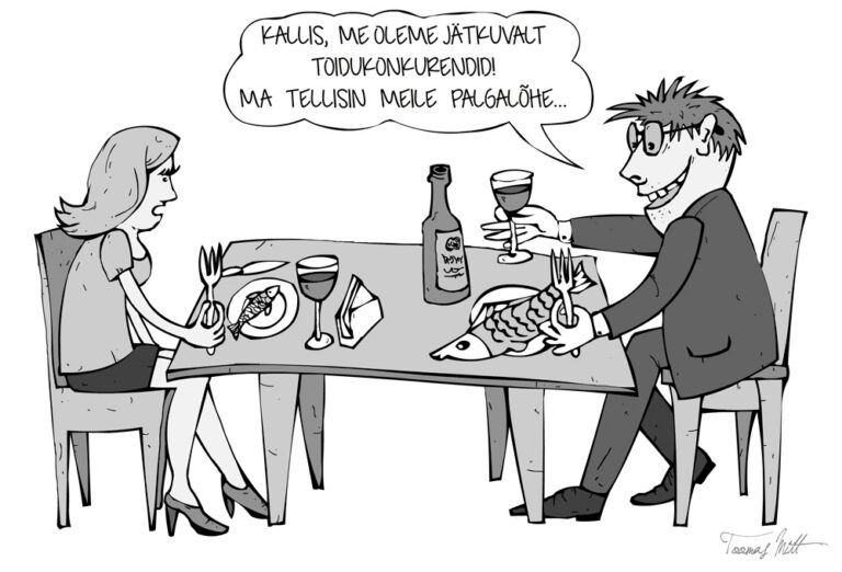 Mõnes mõttes on tänapäeva ühiskonnas mehed ja naised jätkuvalt „toidukonkurendid”. Võitlus käib rahale ja võimule. Illustratsioon: Toomas Mitt