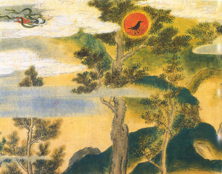 Hiina maailmapuu (tõenäoliselt akaatsia), kolmejalgne päikesevares otsas.