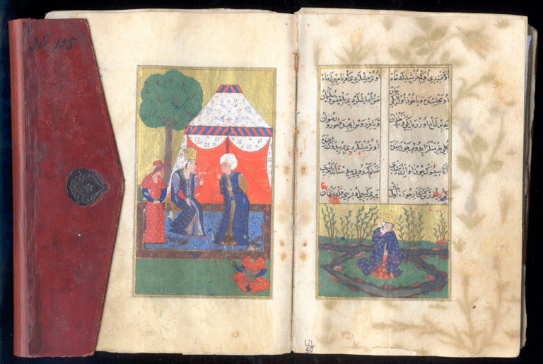 O. F. von Richteri pärandist omandatud luksusliku kujunduse ja rohkete miniatuurmaalidega osmani-türgi eepos „Cemşid ja Hurşid”. Võib olla valminud 15. saj, teisi eksemplare käsikirjast pole teada. (Mscr 105). Foto: Tartu ülikooli raamatukogu