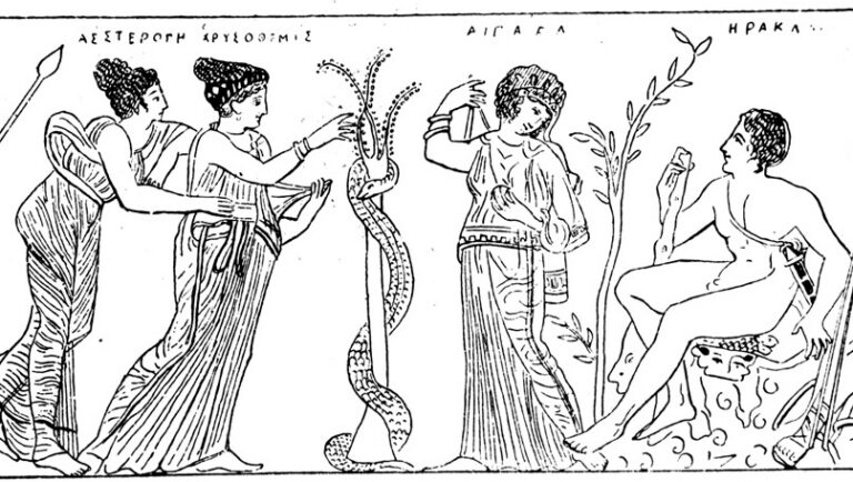 Herakles on saabunud hüperborealaste maale kuldõunu hankima. Õuna­puud valvavad Öö või Atlase tütred hesperiidid koos draakon Ladoniga.