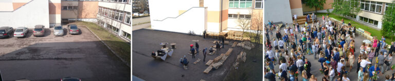 Tallinna Saksa gümnaasiumi hoovis on nüüd parkla asemel õdus õpi- ja puhkeala. Õpilased meisterdasid taaskasutusmaterjalidest mööblit ja kutsusid vanemadki appi. Fotod: Tallinna saksa gümnaasium