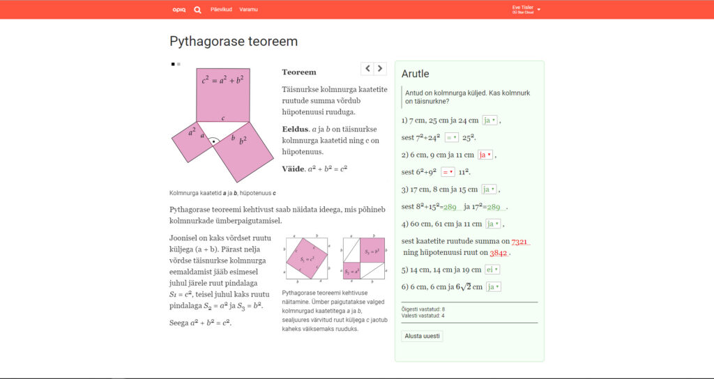 Pythagorase teoreem ja teised teemad Opiqu õpikeskkonnas